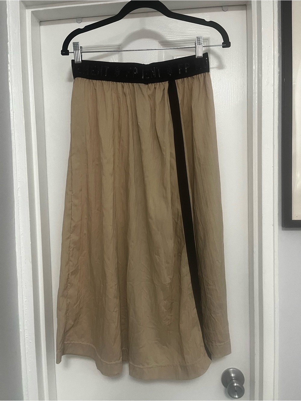 Free People NWOT Beige  Skirt with Side Splits Black Shiny Waistband and Trim